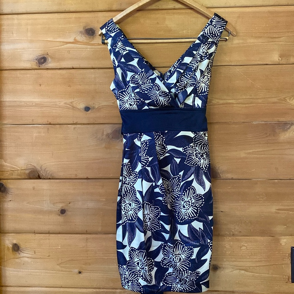 Women’s Beautiful Silky Floral Print Formal Dress Wedding Summer Navy / Ivory XS